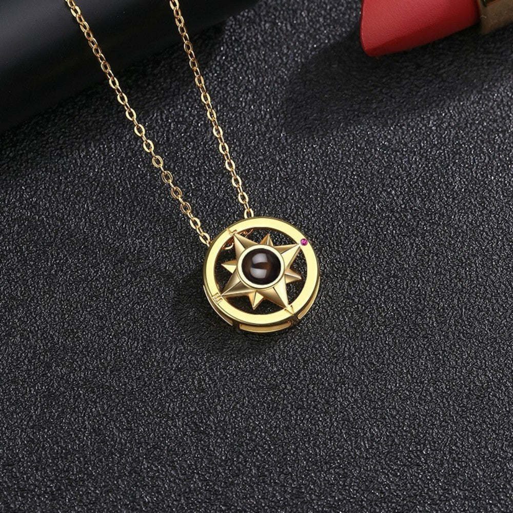Simple and versatile with 100 languages, compass projection necklace accessories, customized photo engraving pendant