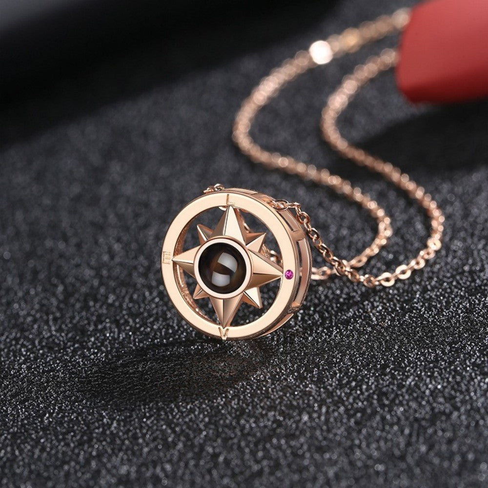 Simple and versatile with 100 languages, compass projection necklace accessories, customized photo engraving pendant