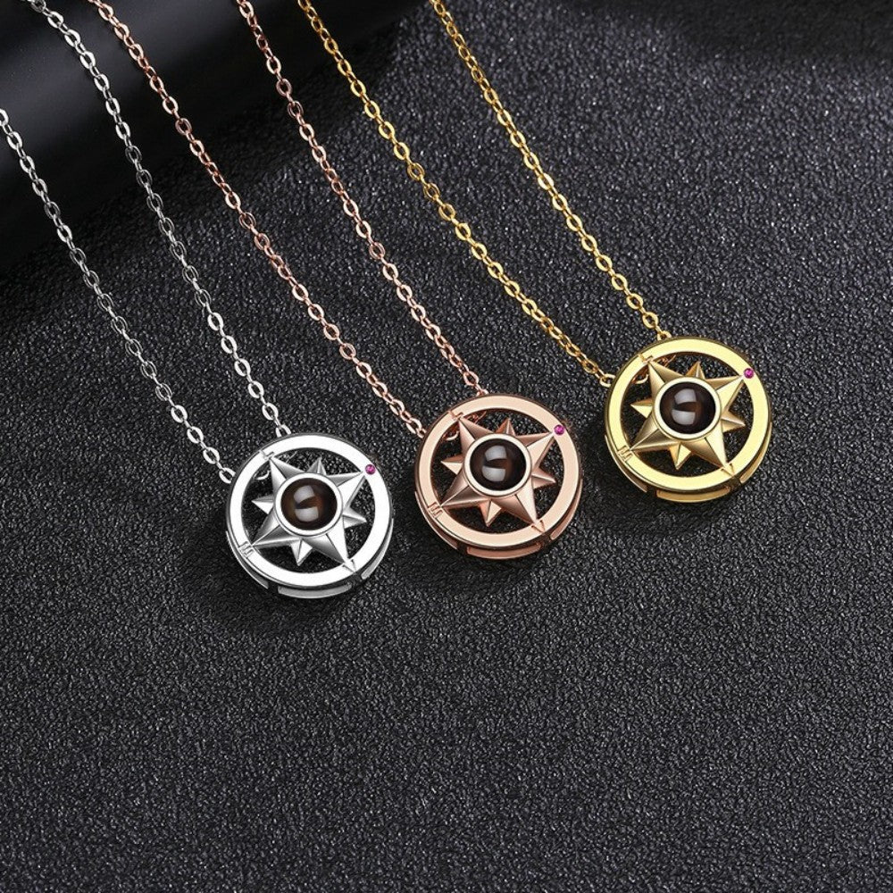 Simple and versatile with 100 languages, compass projection necklace accessories, customized photo engraving pendant