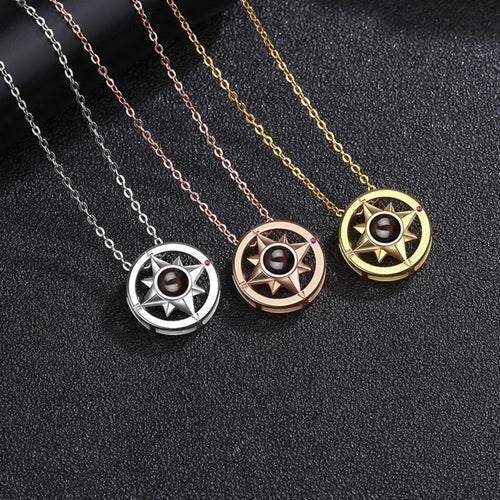 Simple and versatile with 100 languages, compass projection necklace accessories, customized photo engraving pendant