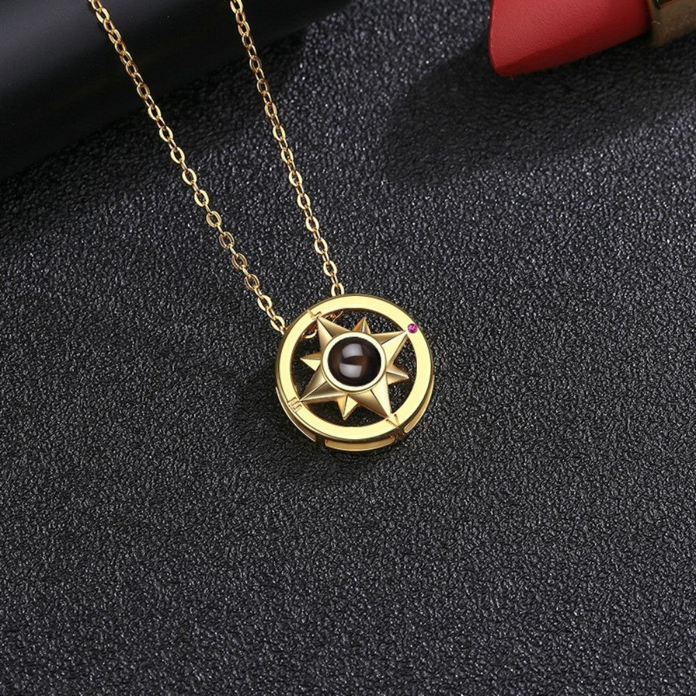 Simple and versatile with 100 languages, compass projection necklace accessories, customized photo engraving pendant